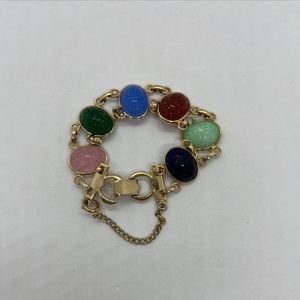 Vintage  Gold Tone Multicolored Carved Scarab Bracelet With Safety Chain 7"